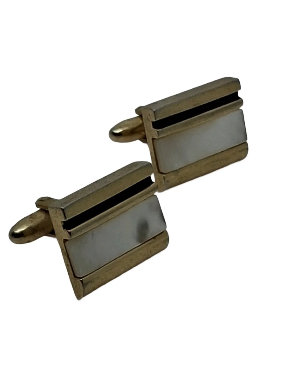 Vintage Mid-Century Gold Tone Mother of Pearl & Onyx Inlay Cufflinks